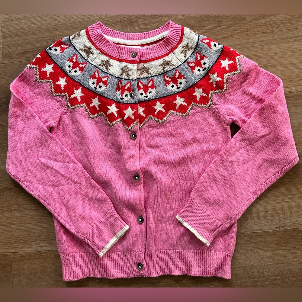 NWT. Mini Boden Pink Fox Wool Blend Cardigan Sweater, Size 9-10y